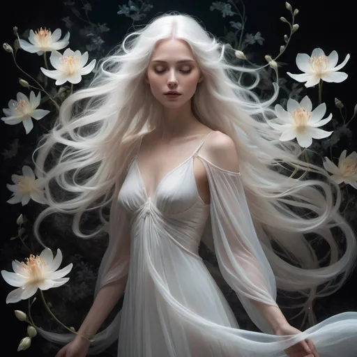 Prompt: In this captivating illustration, an ethereal woman with long, flowing white hair intertwined with glowing translucent flowers takes center stage. Her delicate, white gown and softly illuminated facial features exude a dreamlike quality. The dark background enhances the luminosity of the flowers and her attire, lending the image a surreal and otherworldly atmosphere. The overall mood is serene, blending elements of fantasy, wildlife, and photography in a vibrant and captivating visual experience.

