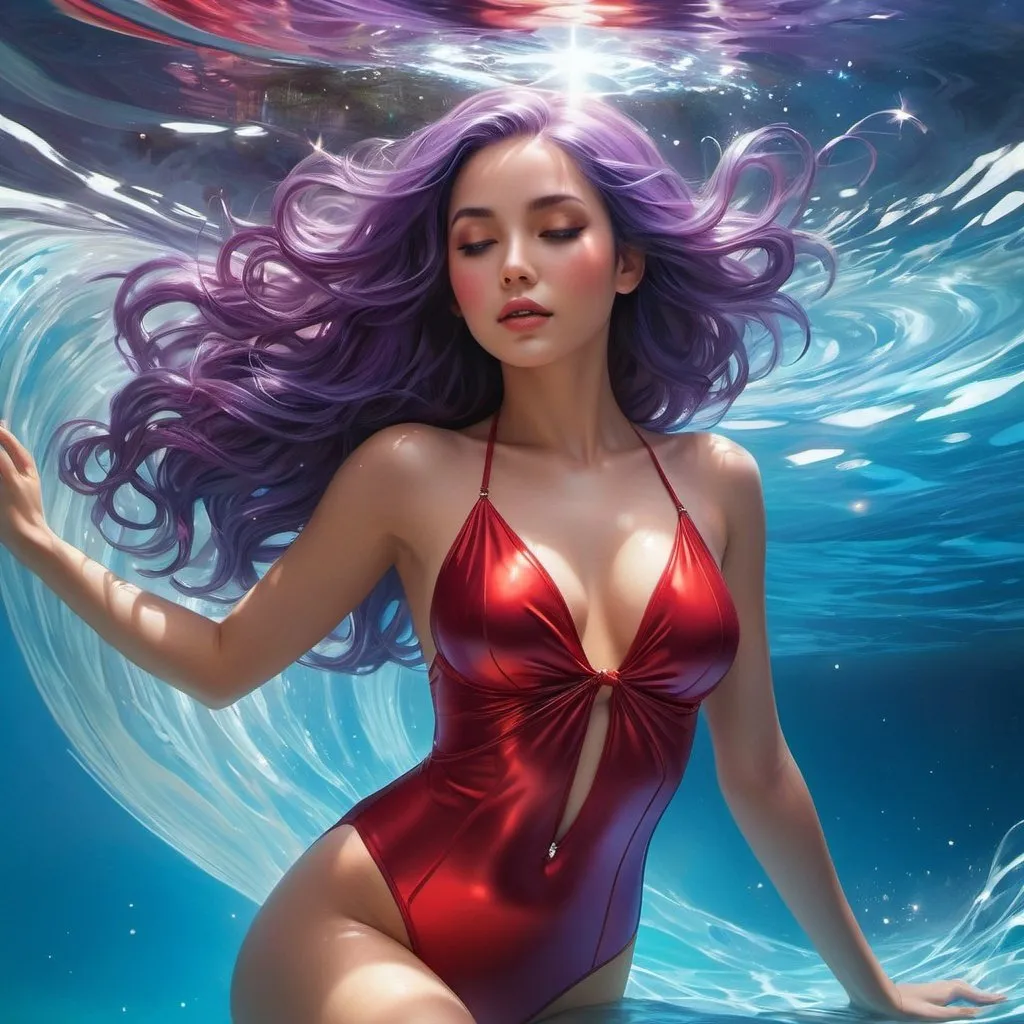 Prompt: Create a breathtaking hyperrealistic fantasy digital painting inspired by the works of renowned artists Artgerm, Loish, and WLOP. At the center of the composition, a woman of ethereal beauty is seated gracefully within a serene pool of water, adorned in a flowing red swimsuit. The scene exudes elegance and cinematic ambiance, with intricate details and a striking composition that evokes a sense of wonder and awe.
Enhance the sense of enchantment by incorporating elements of the first prompt. The woman possesses beautiful purple hair, within which a star cluster is nestled, adding an element of fantasy and cosmic beauty to her appearance. Her captivating presence is further accentuated by a blue, flowing dress that merges with the water's reflection, creating an otherworldly visual effect.
Utilize a symmetrical composition that emphasizes balance and harmony, focusing on intricate details and realistic textures. The striking contrast between the warm red tones of her swimsuit and the cool blues of her cosmic surroundings creates a mesmerizing, celestial atmosphere.
Drawing from hyperrealistic art styles, create a piece that captivates the viewer with its attention to detail and evokes a strong emotional response. Employ dramatic lighting and shadows to further enhance the depth and dimension of the scene, ensuring that the final artwork is a breathtaking fusion of beauty, elegance, and fantasy, offering a unique interpretation of the original prompts.