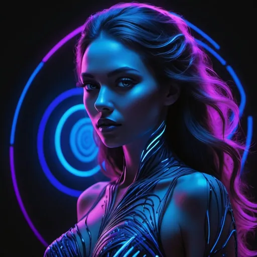 Prompt: Create an awe-inspiring 8K masterpiece that melds digital rendering and portrait photography, featuring an enchanting central figure enveloped in ultraviolet light. The artwork showcases a mysterious woman draped in darkness, embellished with a mesmerizing black and neon blue optical psychedelic electric rays vector pattern that throbs and glows under the entrancing neon light.
The captivating design radiates a spellbinding atmosphere as it masterfully combines digital artistry with the allure of portrait photography. The intense contrast between the electrifying neon optical art and the shadowy ultraviolet background evokes a sense of wonder and intrigue, leaving a lasting impression on the viewer.
Display her exceptional talent, adaptability, and artistic vision in this fashion-forward composition, highlighting her remarkable skill in executing this conceptual and illustrative masterpiece. Present the artwork as a cinematic 3D render, with depth of field and dynamic angles that add to its enthralling charm. This extraordinary creation stands as a testament to her unparalleled artistry and ingenuity in fusing traditional art and fashion in an innovative and captivating manner.