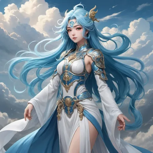 Prompt: Can you design an official character art piece for a young woman with long, vibrant blue hair, wearing a stunning white dress, standing in front of a majestic cloud? The character should be depicted in an anime style, with a celestial or divine theme. Her appearance should be similar to that of Hestia or Palutena, with a blend of fantasy and mythology. The illustration should be full-body and rendered in a high-fantasy, Xianxia-inspired setting, similar to Rimuru Tempest or Portrait: Knights of Zodiac. Please make the character a beautiful, youthful wind spirit with an air of mystique and power. Imagine a fantasy empress, embodying elegance and refinement, and bring her to life in a single portrait, with smooth, vibrant lines and colors.