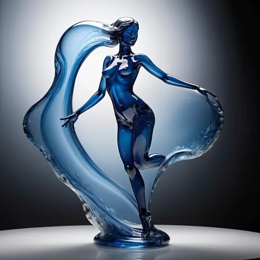 Prompt: Imagine a captivating woman intricately crafted from glistening glass, her translucent form showcasing a mesmerizing blue liquid coursing through her body. Her inner anatomy is visible through the clear glass exterior, inviting viewers to marvel at the complex beauty of her unique physiology, suspended in an ethereal dance of fluidity and fragility.