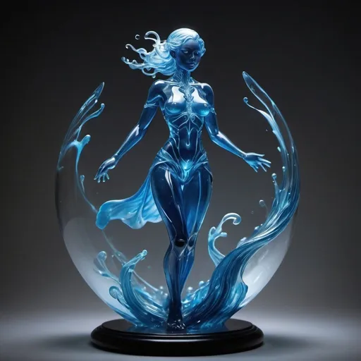 Prompt: Envision a striking female DnD character exquisitely sculpted from luminous glass, her delicate figure containing a swirling blue liquid that infuses her with an otherworldly essence. Her intricate inner anatomy is visible through the transparent glass, adding an air of mystery and vulnerability to her powerful persona, as if she were an ethereal embodiment of both strength and fragility. This character challenges the perceptions of what it means to be alive, blurring the lines between the magical and the mundane.

