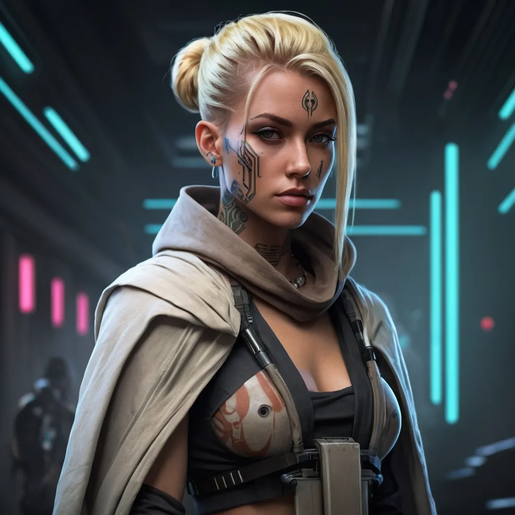 Prompt: Design a concept art of a female Jedi character with blonde hair, set in an epic sci-fi universe. showcasing her personality and characteristics. cyberpunk tattoos and epic clothes 