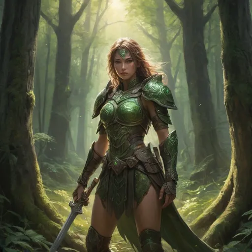 Prompt: Craft a visually stunning scene depicting a battle-worn warrior standing amidst an ancient forest, her armor adorned with glowing green symbols imbued with mystical energy. Create a sense of anticipation as she prepares to face a formidable enemy, channeling the forest's power through her blade. Emphasize the intricate details of her armor, the interplay of dappled sunlight and shadows, and the primal beauty of the surrounding forest. Employ dynamic composition and vivid colors to evoke a narrative-driven, action-packed moment, leaving viewers on edge as they ponder her fate and the forest's mysterious secrets.

