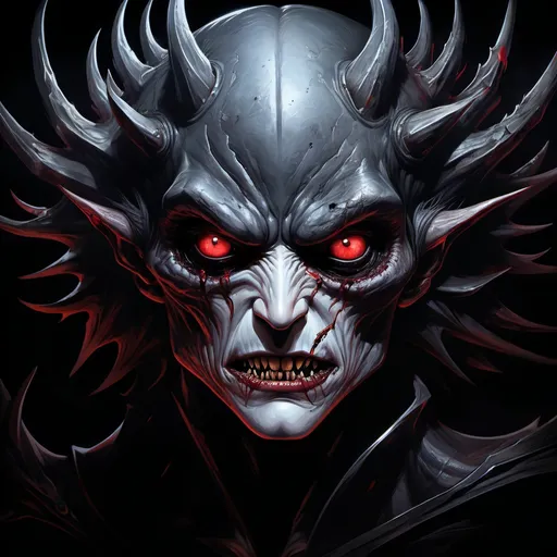 Prompt: a nightmarish creature emerging from a dark and foreboding abyss, the final boss of a nightmare horror game, depicted in hyper-realistic details with exaggerated shadows and highlights, in the style of dark fantasy comic book art, full body, open mouth revealing rows of razor-sharp pointy teeth, glowing red eyes, menacing pose, a fusion of digital painting and graphic novel illustrations