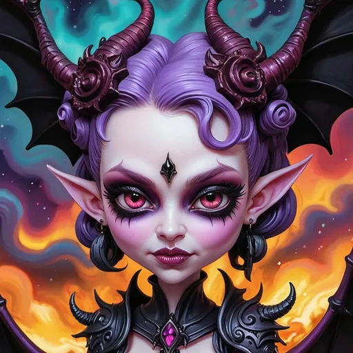 Prompt: Caricature of creepy cute Slaanesh succubus with black wings, horns from the forehead, Van Gogh art close up, abyssal, grim scene, pop surrealism, colorful doodle, exaggerated, comical, caricature, burning sky, eldritch, cosmic horror, unknown, mysterious, surreal, highly detailed

