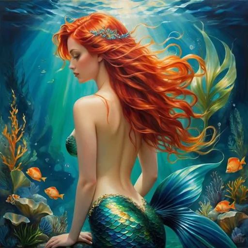 Prompt: A captivating oil painting of a unique mermaid, her fiery red hair cascading down her back, adorned with intricate seaweed and shell accessories. She is depicted from behind, her tail a mesmerizing mix of green and blue hues, gracefully flowing into the deep blue and turquoise aquatic environment. Her gaze is turned away, lost in thought amidst the mystical underwater world. The background is a fusion of deep blues, greens, and hints of gold, capturing the essence of sunlight filtering through the water. The overall atmosphere of the painting is enchanting and ethereal, with a touch of fashion and style., fashion, photo, painting, illustration