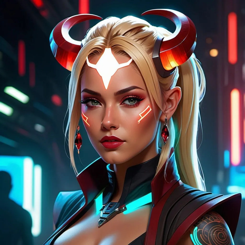 Prompt: Create a concept art piece of a female Jedi with glowing, dark red crystal horns, blonde hair, and red skin, wearing epic sci-fi attire. Include cyberpunk tattoos and a futuristic backdrop to convey her complex personality and dark connections. Use vivid colors and intricate details to bring her to life.