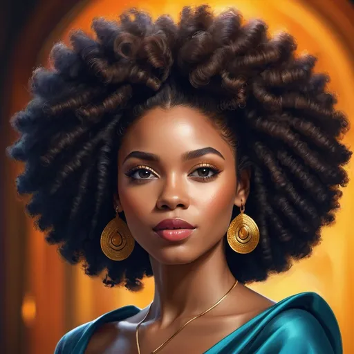 Prompt: Create a digital painting of an Afro woman with a captivating curly afro hairstyle for a D&D character portrait. Focus on showcasing the subject's natural beauty and highlighting her textured hair as a key element in the composition.
Draw inspiration from Afrocentric themes, incorporating vibrant colors and stylized elements that embody the character's strength, charisma, and uniqueness. Utilize digital painting techniques to render the portrait with rich detail, depth, and dimension, producing an eye-catching artwork that celebrates Afro beauty in the realm of D&D characters.
