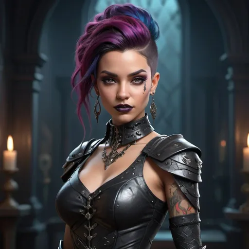 Prompt: Design an edgy, hyper-realistic, gothic dark fantasy female character with bold colors and a Fishtail hairstyle. Dress her in an attractive space queen armor, reflecting confidence and fashion. Set against a randomized background, focus on hyper-realistic textures, dramatic lighting, and a striking color palette. Render her with a smirk, clean lines, and full-body tattoos, portraying a self-assured, stylish goddess of beauty and charm in a captivating space setting.