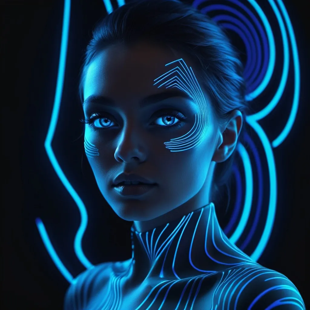 Prompt: Create an ultraviolet light-inspired digital artwork featuring a woman with a striking black and neon blue optical psychedelic pattern. Blend digital rendering and portrait photography for an otherworldly experience, emphasizing contrast between neon art and dark backdrop. Showcase exceptional skill and artistic vision in this fashion-forward 3D render with depth of field and dynamic angles.

