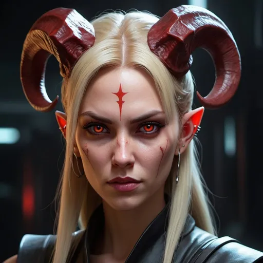 Prompt: Create an ultra-detailed 8K masterpiece of concept art featuring a demonic female Jedi character with striking blonde hair and red skin, accentuating her otherworldly appearance with pointy elfish ears and devilish horns. Infuse her design with horror-inspired personality traits and characteristics that visually communicate her dark nature.
Enhance her cyberpunk-inspired look by adding vibrant, glowy tattoos that contribute to the character's overall edginess. Design her epic, flowing clothes with a unique combination of traditional Jedi elements and darker, more sinister aspects that emphasize her demonic origins.
Use dynamic angles, poses, and depth of field with cinematic lighting to create a sense of movement and energy in the composition. Ensure the character's design is both visually stunning and true to her dark and powerful nature, making her a formidable presence in the concept art.