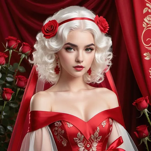 Prompt: Very curly, short white hair
Bright ruby red eyes
Fierce eyebrows
Red low-cut dress with a rose motif
Scarlet-red sash
Sheer veil and skirt
Wildflower Edge sword featuring a rose-and-ribbon design