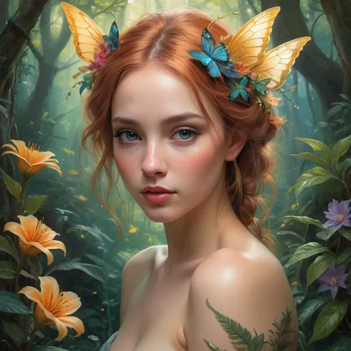 Prompt: In the heart of an enchanted forest, masterfully painted with a radiant color palette, a captivating scene unfolds, rendered in the characteristic style of sciamano240. At the center, a mesmerizing nymph stands, her flawless, realistically detailed skin adorned with intricate golden tattoos symbolizing the elements of nature. Her ethereal presence is enhanced by a soft, shimmering glow, while her lips and long, thick eyelashes exude a sense of allure.
This stunning, high-resolution artwork invites viewers to lose themselves in the vibrant colors and delicate details, from the soft shading to the lush vegetation and blossoming flowers surrounding the nymph. Every element of this piece is executed with the highest quality and attention to detail, capturing the essence of magic and enchantment in a semi-realistic style.