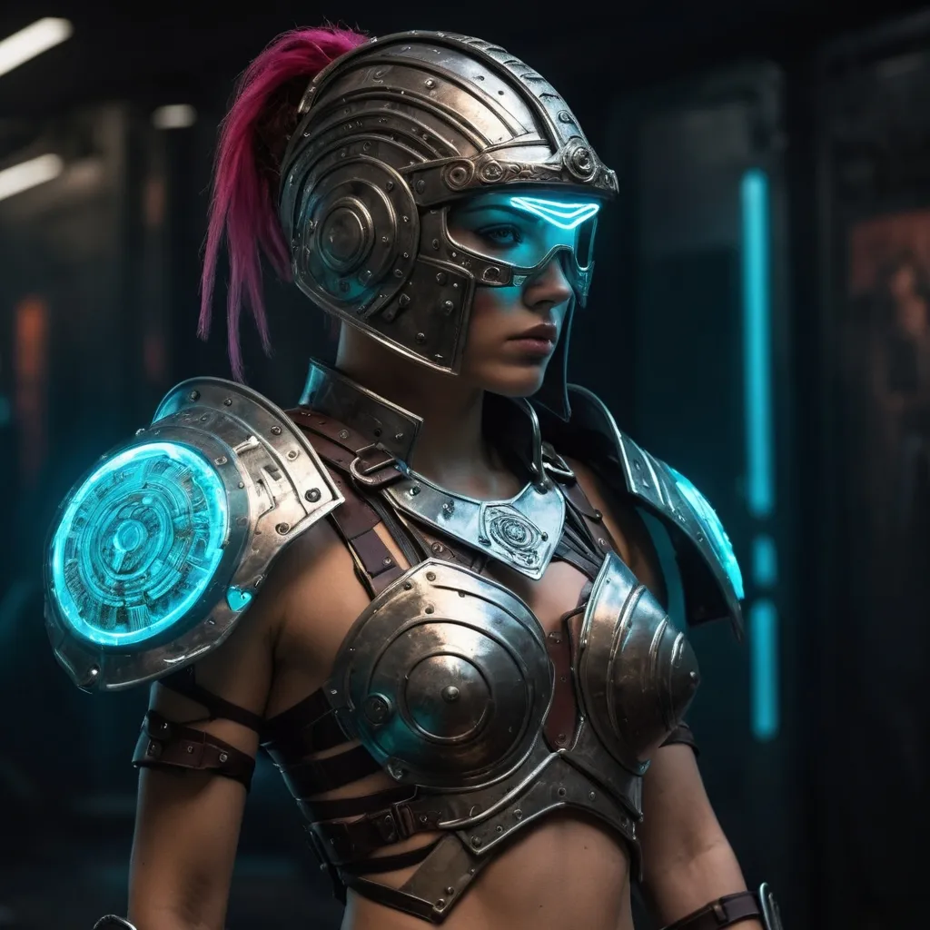 Prompt: Design a hypothetical Roman female gladiator, known as a 'gladiatrix,' that incorporates elements of cyberpunk-inspired design. Please include the following characteristics: * Armor and attire inspired by ancient Roman gladiatorial attire, but with a futuristic twist (e.g., metallic plating, neon accents, etc.) * A unique blend of organic and synthetic materials, such as combination plate armor with lightweight, translucent materials * Cyberpunk-inspired accessories or augmentations, such as glowing implants, cybernetic implants, or high-tech arm and leg guards * A futuristic take on traditional Roman gladiatorial helms, such as a visor or mask with integrated displays or sensors * A powerful and striking appearance that reflects the fusion of ancient Roman martial prowess with futuristic technology Please describe this cyberpunk gladiatrix in vivid detail, including her physical appearance, abilities, and any notable features or enhancements.