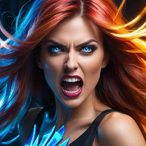 Prompt: Create a close-up portrait of a banshee emitting a destructive scream. Capture the intensity of the sonic force and shockwaves shattering obstacles, using vibrant colors and dramatic lighting to highlight its terrifying beauty and raw power.