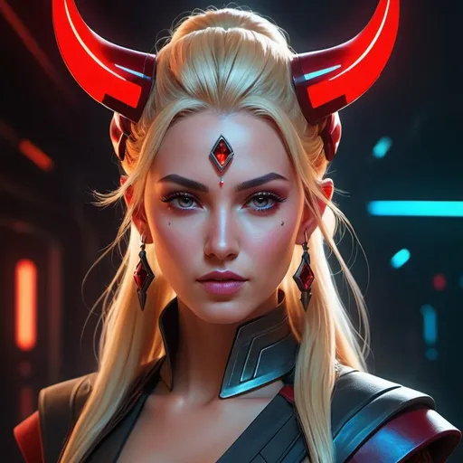 Prompt: Create a concept art piece of a female Jedi with glowing, dark red crystal horns, blonde hair, and red skin, wearing epic sci-fi attire. Include cyberpunk tattoos and a futuristic backdrop to convey her complex personality and dark connections. Use vivid colors and intricate details to bring her to life.