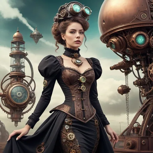 Prompt: Design a visually captivating digital painting of a Victorian-era woman with alien traits, using her supernatural abilities to levitate objects. Clothe her in an elaborate steampunk-inspired dress adorned with gears and metallic accents. Set her against an alien planet backdrop with futuristic structures, a cloudy sky, and steampunk elements. Focus on intricate details and a vivid color palette to evoke a sense of sci-fi wonder and exploration.

