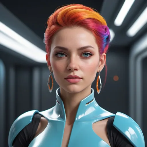 Prompt: Create a hyper-realistic female character with vibrant colors and a fashionable Fallera hairdo. Set against a muted cybernetic background, style her in a stylish outfit and accessories. Render her confidently with clean lines and minimalism. Focus on hyper-realistic textures, lighting, and a captivating color palette for a visually striking portrayal of a chic, self-assured woman in a futuristic setting.

