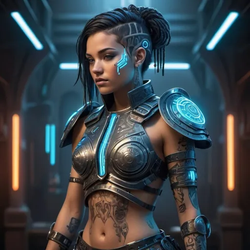 Prompt: Create a digital illustration of a female character named Augusta, who embodies the fusion of an ancient Roman gladiator and futuristic cyberpunk technology.
Design Augusta with a unique blend of ancient Roman armor and cutting-edge cyberpunk elements, including glowing blue circuits, metallic plating, and high-tech retractable swords.
Adorn her arms, chest, and face with futuristic tattoos resembling circuits, code, or other cyberpunk-inspired patterns.
Modify her ancient Roman attire, such as a tunic or breastplate, to accommodate her futuristic cyberpunk armor.
Style her hair in a creative blend of ancient Roman and futuristic elements, incorporating neon-colored streaks or accessories.
Depict Augusta in a confident and powerful pose, ready to step into the arena to face her opponents.
Ensure that your illustration is detailed and vibrant, capturing Augusta's commanding presence and the seamless integration of ancient and futuristic design elements. Pay close attention to the intricate patterns on her armor, the design of her tattoos, and the overall aesthetic that combines both Roman and cyberpunk influences.