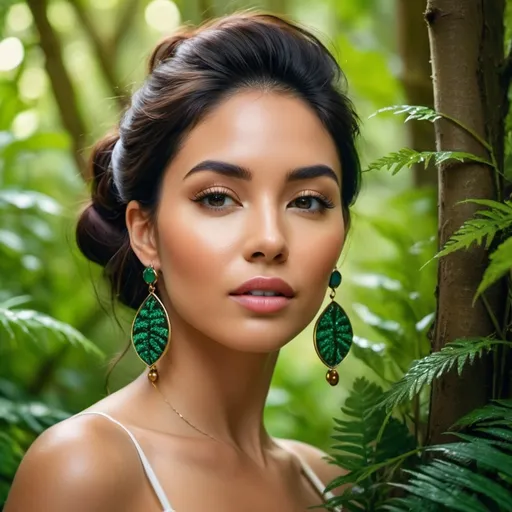 Prompt: Setting: A lush, vibrant forest merged with a woman's face. Vivid facial features emerge from dense foliage, accented by a bold earring. Diverse wildlife adds life and energy. The scene blends tranquility, mysticism, and a connection between nature and humanity. Cinematic style combines elements of fashion and wildlife photography.