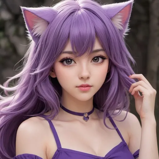 Prompt: Design a charming anime girl with purple hair, cat ears, and a matching purple top, inspired by Ahri from League of Legends. Emphasize her attractive features and cute catgirl aesthetic, focusing on her youthful appearance and beautiful anime-inspired details. Capture her enchanting expression and playful cat-like qualities, perfect for an adorable anime cosplay character or catgirl-themed artwork.

