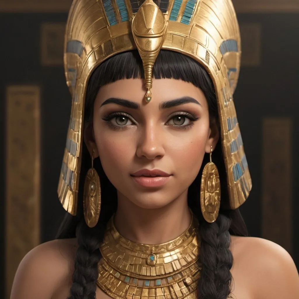 Prompt: Create a striking close-up of a woman adorned in a gold headdress and necklace, capturing the essence of a beautiful Cleopatra-inspired character. Emphasize her Egyptian heritage through clothing, makeup, and the regal crown she wears. Incorporate elements of Egyptian princesses and ancient Libyan royalty to create a captivating portrait of Cleopatra. Utilize high-quality, detailed art with 8k resolution to showcase her gorgeous features and cinematic goddess-like presence. Infuse the character design with authentic Egyptian style, including traditional clothing and accessories, for a visually stunning and historically-inspired representation of a powerful Egyptian woman.

