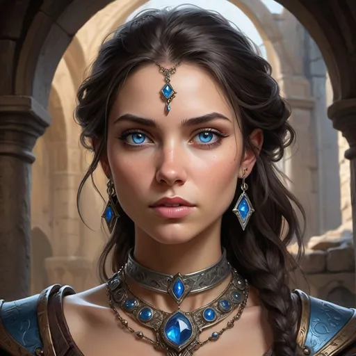 Prompt: A captivating fantasy character illustration blending videogame and animated inspiration:

The central figure is a determined young woman, a formidable adventurer in the D&D universe. She has intense blue eyes that smolder with inner fire and strength. Her dark hair is swept partly across her face, framing high cheekbones and full lips set in a defiant expression.

An ornate jeweled necklace rests against the nape of her neck, hinting at her royal or mystical lineage. A distinctive mark or scar on her cheekbone adds an air of mystery about her intriguing backstory.  

She wears a highly detailed and intricate fantasy outfit suited for adventure. It could blend form-fitting cloth and sturdy leather or metal armor pieces adorned with iconography. Subtle touches like flowing asymmetric layers, cut-outs, and accented colors make her design unique.

The composition places her in a blurred, atmospheric indoor environment like a dilapidated castle hall or ancient ruin. This setting reinforces her role as an intrepid explorer delving into dangerous places. Dramatic lighting casts shadows adding depth and framing her intense expression.

Overall, render this fantasy heroine in an exquisitely detailed style inspired by videogames and animated fantasy worlds. Use intricate line work, rich colors, dynamic perspectives and masterful anatomy to bring out her personality and role within D&D's universe.