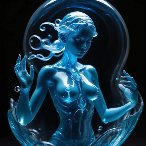 Prompt: Envision a striking female DnD character exquisitely sculpted from luminous glass, her delicate figure containing a swirling blue liquid that infuses her with an otherworldly essence. Her intricate inner anatomy is visible through the transparent glass, adding an air of mystery and vulnerability to her powerful persona, as if she were an ethereal embodiment of both strength and fragility. This character challenges the perceptions of what it means to be alive, blurring the lines between the magical and the mundane.

