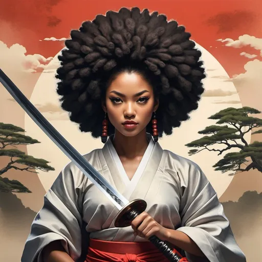 Prompt: Design a drawing of a woman with an afro hairstyle wielding a sword, inspired by the Afro Samurai style. Create a captivating samurai portrait featuring a pretty female character with an afro. Incorporate elements of a samurai warrior and an urban samurai aesthetic, showcasing her strength and determination. Craft a vagabond-like atmosphere while emphasizing her role as a skilled samurai, using a blend of traditional and contemporary artistic techniques to bring the character to life.