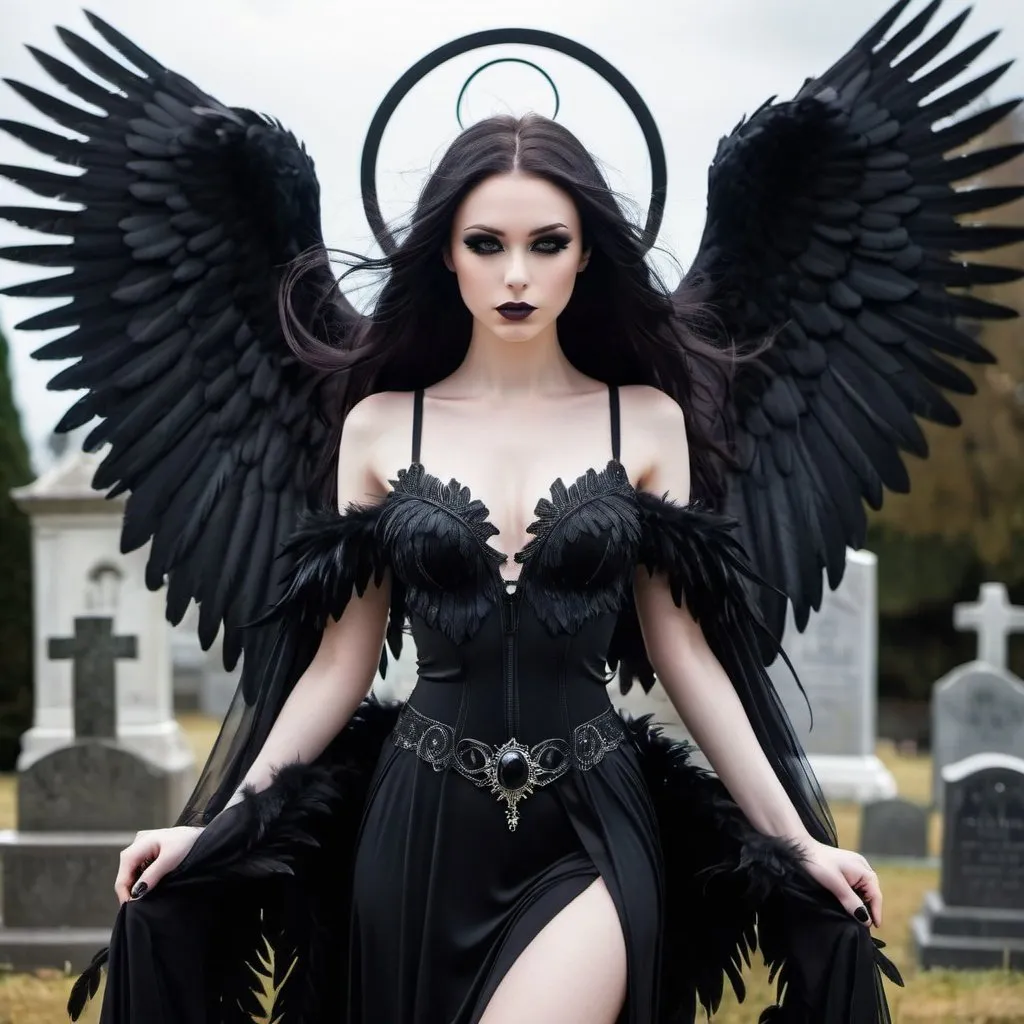 Prompt: Beautiful (Dark Angel), ((gothic angel)) with (pale skin), ((black eyes)), (((huge chest))), (black feathered wings), ((huge black )), (((black halo))), (dark halo), (black ring), (((black wings))), floating with her wings spread, above a graveyard