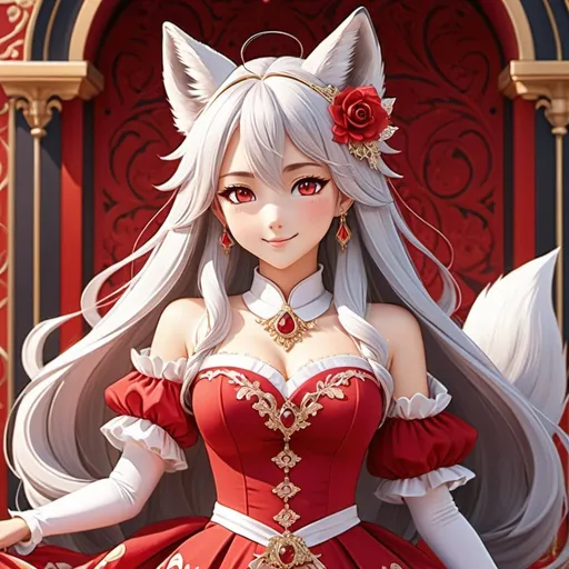 Prompt: A fox girl illustration with rubellite eyes, combining fox features and anime elements in a royal court setting. She has fox ears, fluffy tail, long hair, and a smile. Her cute appearance. She wears a stylish, sideless dress with intricate details, rose motifs, and dappled sunlight. The primary color scheme is bright red, complemented by silver accents, and anime coloring techniques enhance the illustration's vibrancy and depth.