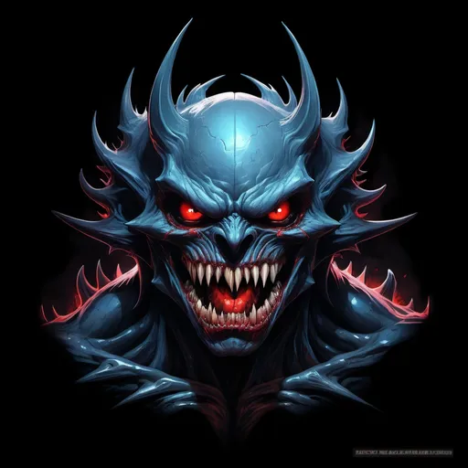 Prompt: a nightmarish creature emerging from a dark and foreboding abyss, the final boss of a nightmare horror game, depicted in hyper-realistic details with exaggerated shadows and highlights, in the style of dark fantasy comic book art, full body, open mouth revealing rows of razor-sharp pointy teeth, glowing red eyes, menacing pose, a fusion of digital painting and graphic novel illustrations