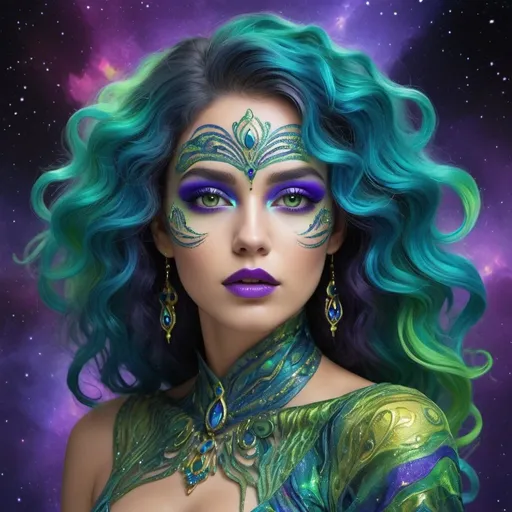 Prompt: Design a digital artwork of a woman with vibrant blue and green makeup on her eyes and lips, giving her an ethereal look. Style her hair with intricate curls and waves in purple and blue shades, weaving in strands of yellow and green fabric. Include a green metallic chest piece, and set her against a cosmic background with swirling purple, blue, and black nebula patterns for a mythical atmosphere.