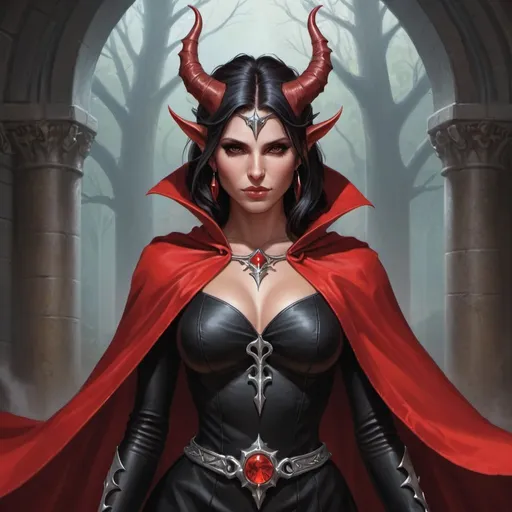Prompt: a woman in a red cape and black dress with horns on her head and a red cape over her shoulders, Anne Stokes, fantasy art, magic the gathering artwork, concept art