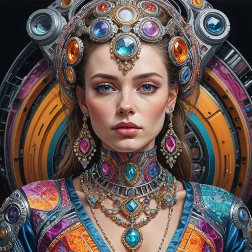 Prompt: Hyperrealistic portrait of a beautiful woman wearing intricately detailed colorful clothing and futuristic jewellery.