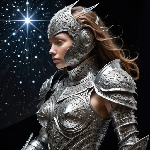 Prompt: This extraordinary sculpture depicts a female celestial knight clad in intricately detailed armor forged from shimmering liquid metal. The perpetually shifting surface reflects the beauty of the surrounding starry night sky, casting an ethereal glow reminiscent of distant galaxies. The dynamic interplay between the fluid metal and celestial reflections creates an otherworldly atmosphere, while the fine details of the armor further enhance the captivating allure of this artwork. As the viewer's gaze is drawn deeper into the mesmerizing depths of the piece, they are transported into a realm of cosmic wonder and mystery.

