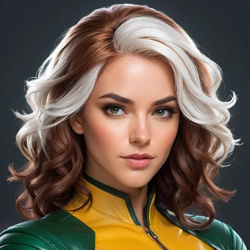 Prompt: Design a high-quality digital portrait of Rogue from X-Men in the Artgerm style. Depict her with curly brown hair, featuring strands of white hair in the front. She should wear the classic X-Men suit and a short leather jacket. Ensure the artwork accurately represents the character with attention to details and vibrant colors that capture the Artgerm aesthetic.