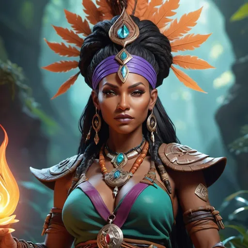 Prompt: In a breathtaking, high-resolution 8K illustration, a powerful female witch doctor from the Dungeons & Dragons universe comes to life. Dynamic angles, depth of field, and cinematic lighting highlight the ultrarealistic details of her intricate design, emphasizing her mystical aura and vibrant colors.
Her pose radiates strength and grace, while super-fine illustration techniques capture her deep connection to nature. As a healer and spiritual guide, her powerful presence is further enhanced by the enchanting fantasy setting that surrounds her. This visually stunning masterpiece immerses viewers in the captivating world of D&D, showcasing the witch doctor's essential role within the realm.