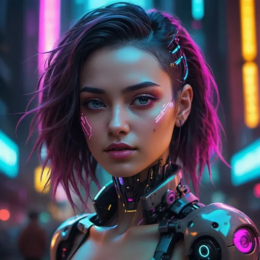 Prompt: Create a captivating cyberpunk girl with a robot head in a neon-lit futuristic city. Focus on her alluring features and cybernetic enhancements, using vibrant colors and intricate details. Render the portrait in an ultra-realistic 8k cyberpunk art style, capturing the futuristic vibe and dreamy essence of a cyberpunk femme fatale.

