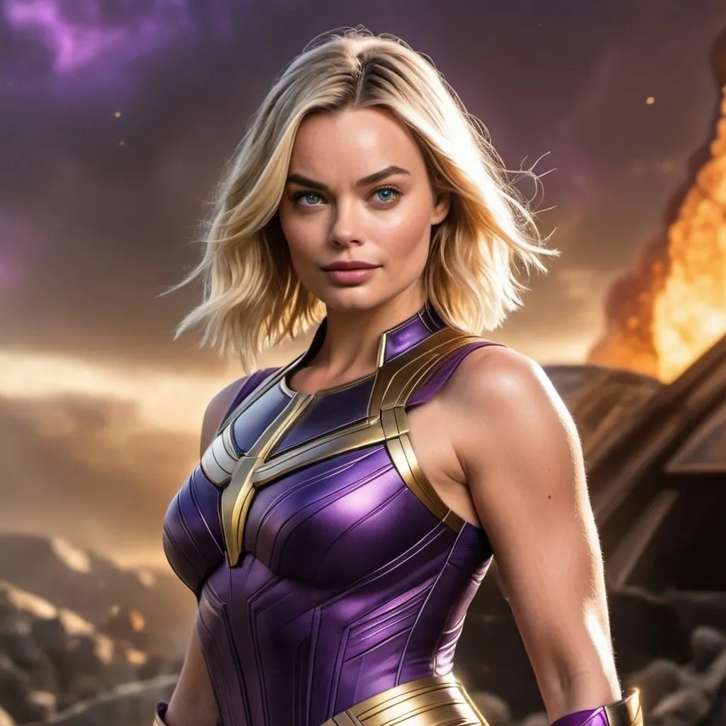 Prompt: A photorealistic 16k wallpaper of Margot Robbie as a female Thanos from Marvel comics. She has powerful purple skin, wears the infinity gauntlet, and is dressed in a purple tank top with a mini chest armor, showcasing a unique blend of strength and style.