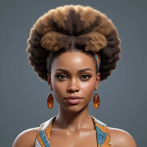 Prompt: Create a hyper-realistic female character with a meticulously Shaped hairstyle. Style her in fashionable attire and accessorize to complement her hair. Emphasize lifelike textures, lighting, and a vibrant color palette. Render her with a captivating facial expression and a positive vibe, showcasing her unique fashion sense and the striking beauty of her Afro hairstyle.

