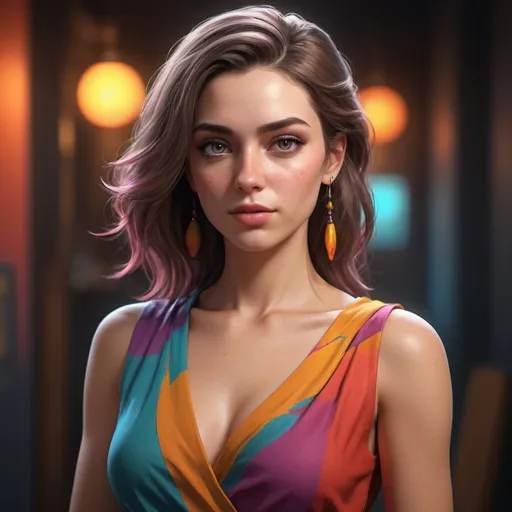 Prompt: Generate a hyper-realistic female character with bold colors and a random, eye-catching background. Focus on hyper-realistic textures, dramatic lighting, and a striking color palette. Randomize her portrait and dress her in hot, fashionable clothing. Exude a positive, vibrant aura to create an enticing and captivating character design.