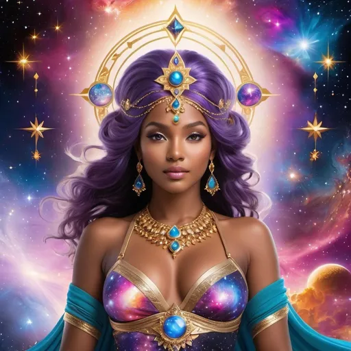 Prompt: Cosmic Goddess Ascension
Setting: A dreamlike space-scape featuring vibrant nebulae, galaxies, and shimmering stars as a backdrop.
Central Figure: A celestial goddess with radiant beauty, adorned in delicate, shimmering accessories including a starlight g-string, sparkling pasties, an exquisite armlet, and choker.
Composition: The goddess is gracefully positioned within the cosmic scene, highlighting her connection to the universe and emphasizing her ethereal allure.
Color Palette: A harmonious blend of vibrant cosmic hues, focusing on radiant pinks and purples, complemented by shimmering gold and silver accents from her celestial accessories.
Style: An enchanting digital painting that captures the transcendent beauty and allure of the cosmic goddess, embodying the awe-inspiring majesty of the cosmos.