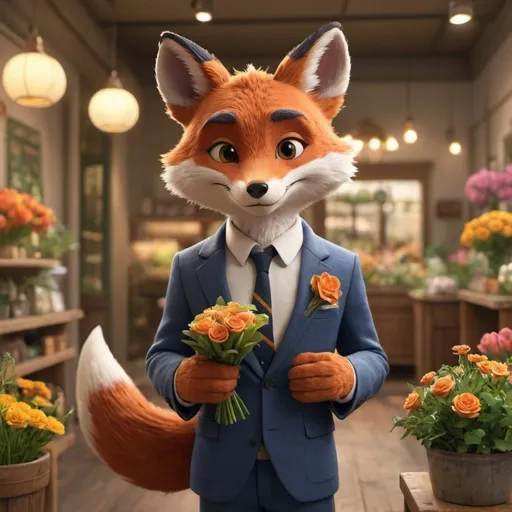 Prompt: Create a charming, anthropomorphic fox character inspired by Nick Wilde from Zootopia, dressed in a stylish suit and holding a bouquet of flowers in a vibrant flower shop scene. Render the character with professional CGI quality, incorporating elements of Disney's Zootopia art style. Capture the character's charismatic personality and dapper appearance, akin to Legoshi from Beastars, for an award-winning digital render showcasing an endearing furry fox.



