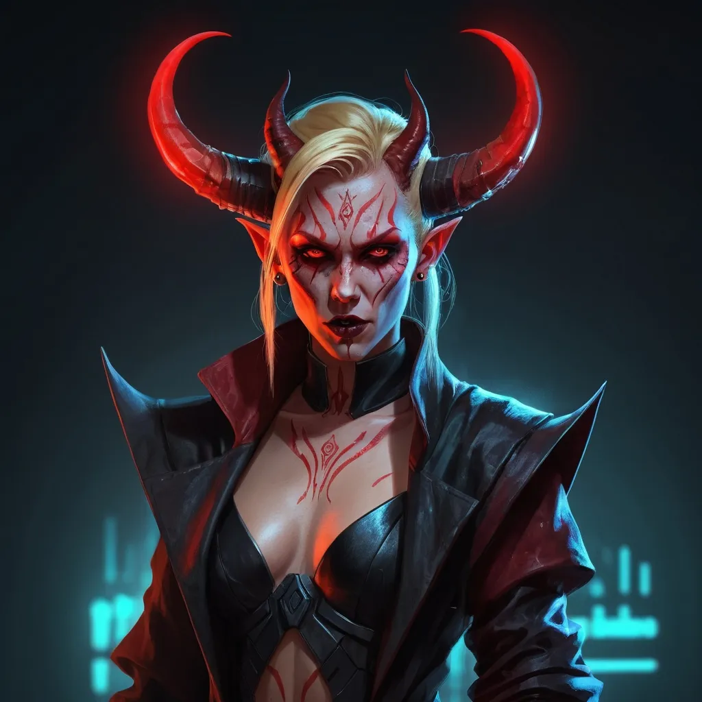 Prompt: Design a concept art of a demonic female Jedi character with blonde hair, red skin, pointy elfish ears and devilish horns. with horror personality and characteristics. cyberpunk glowy tattoos, and epic clothes.