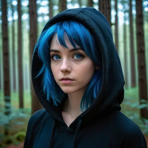 Prompt: A young woman with blue hair and striking blue eyes, wearing a black hoodie adorned with blue geometric patterns, stands amidst a forest of dark trees. Her gaze is directed off to the side, giving her an air of contemplation or perhaps anticipation. The contrast between her vibrant hair and the muted colors of her surroundings creates a striking visual effect.