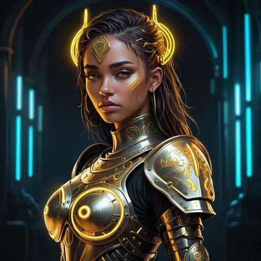 Prompt: a cyberpunk female knight embodying the Libra zodiac sign, illuminated in golden neon hues, blending medieval armor with futuristic cyberpunk aesthetics, highly stylized with intricate details and vibrant neon colors, exuding confidence and strength, balanced and harmonious design, anime-inspired, with bold and iconic features, emphasizing justice and commitment to balance, digital painting with luminous airbrush techniques, sci-fi fantasy