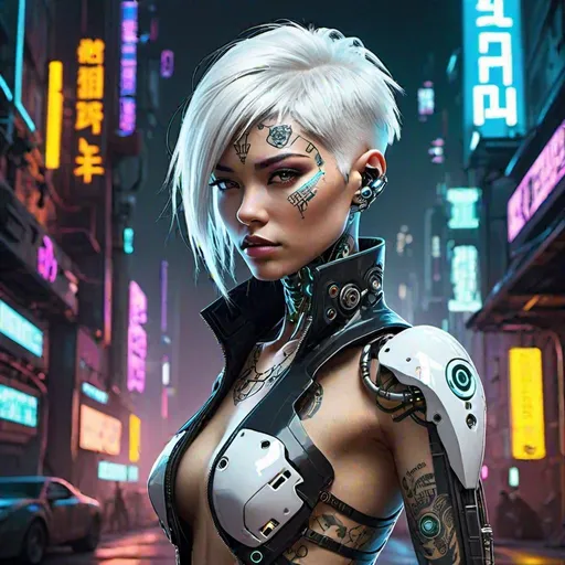 Prompt: Design a futuristic cyborg character with short white hair and a distinctive cyberpunk aesthetic. Incorporate neon-lit mechanical components, glowing circuitry, and intricate cybernetic enhancements throughout her body. Clothe her in sleek, high-tech attire adorned with digital tattoos, accentuating her advanced technological nature. Set the scene in a dystopian cityscape, bathed in vibrant, contrasting colors, highlighting the character's enigmatic presence amidst a gritty, urban environment. Capture a dynamic and powerful pose, emphasizing her cybernetic abilities and agility as she navigates the city streets with unwavering confidence and determination.