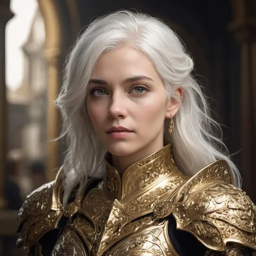 Prompt: Create a captivating digital portrait of a white-haired woman wearing gold, ornate micro-armor in a long shot composition. Emphasize her attractive features and highlight the intricate details of her armor. Set in an ambient fantasy environment, capture her powerful stance and alluring presence for an impactful character portrait blending elegance and strength.

